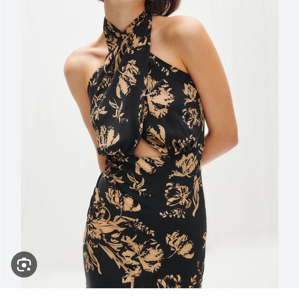 Sz 8 Shona Joy Silk Dawn Halter Bias Midi Dress in black and sand